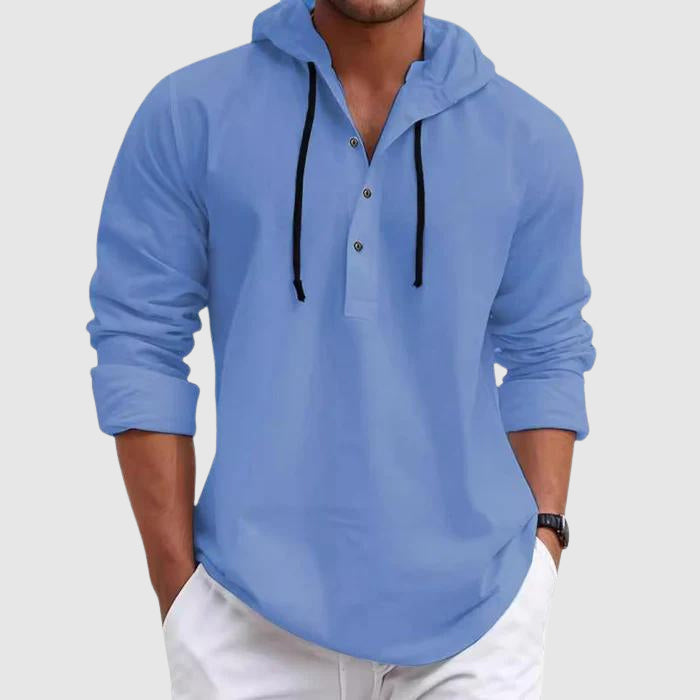 Men's cotton blend hooded shirt with drawstring in neutral color