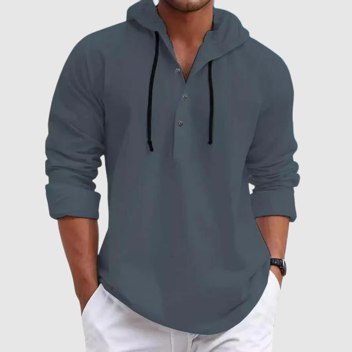 Men's cotton blend hooded shirt with drawstring in neutral color