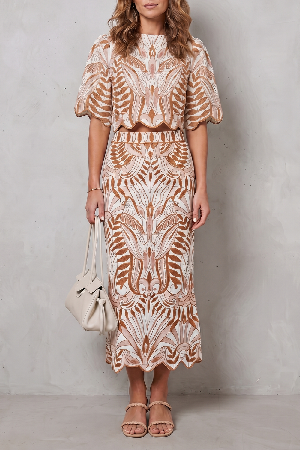 Women's printed linen bell-sleeve top and midi skirt set, front view