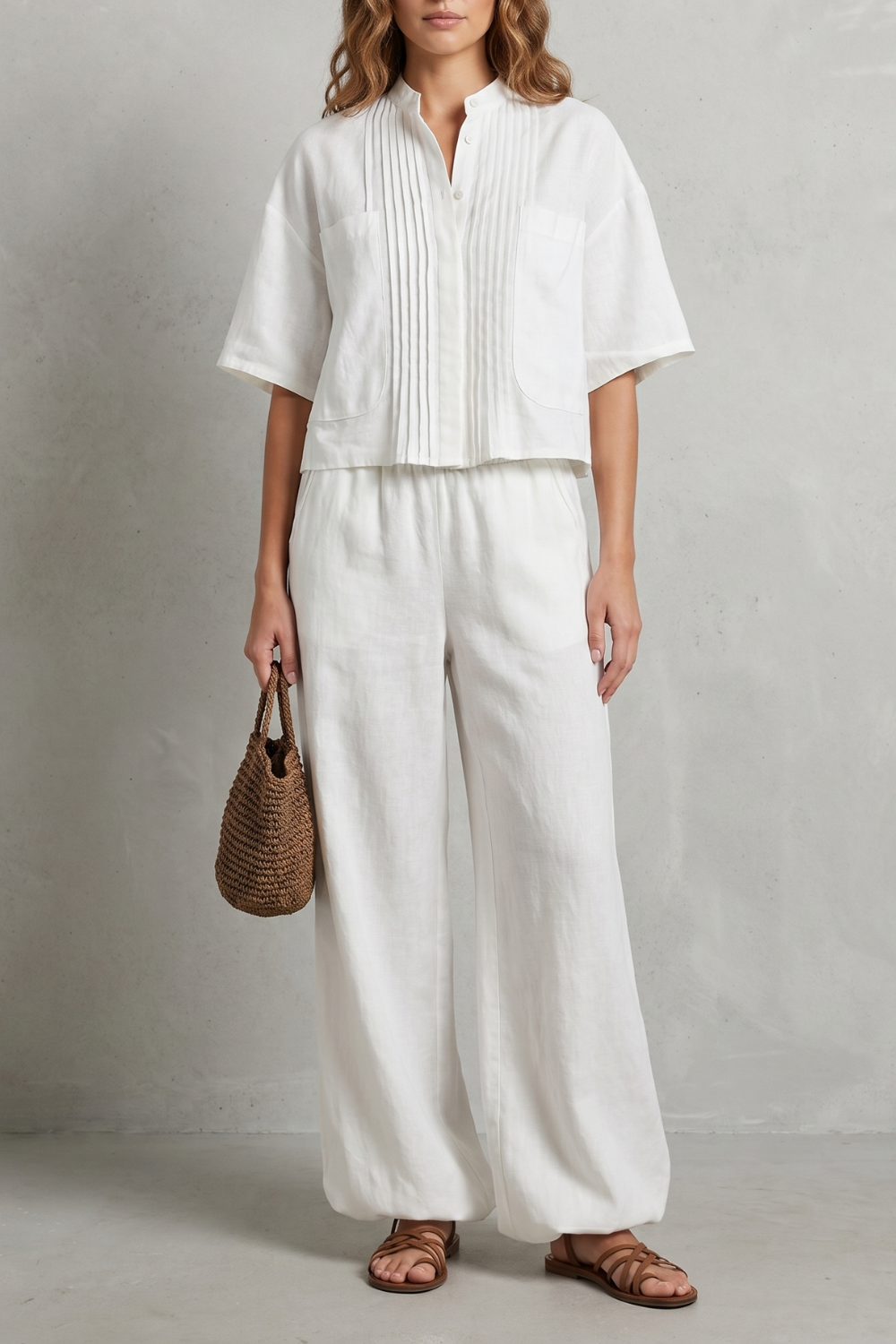 Green colorway of the pleated wide-leg pants set, full-length view