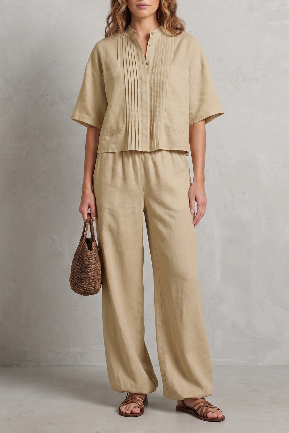 Khaki colorway of the pleated wide-leg pants set, full-length view