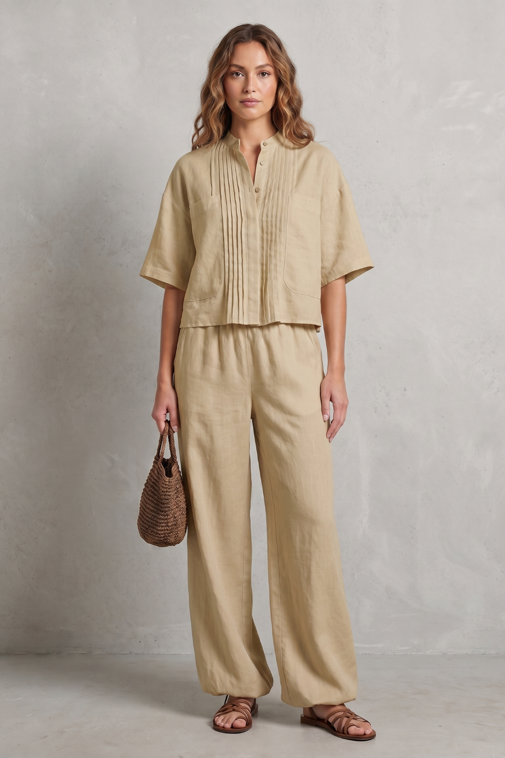 Yellow colorway of the pleated wide-leg pants set, full-length view