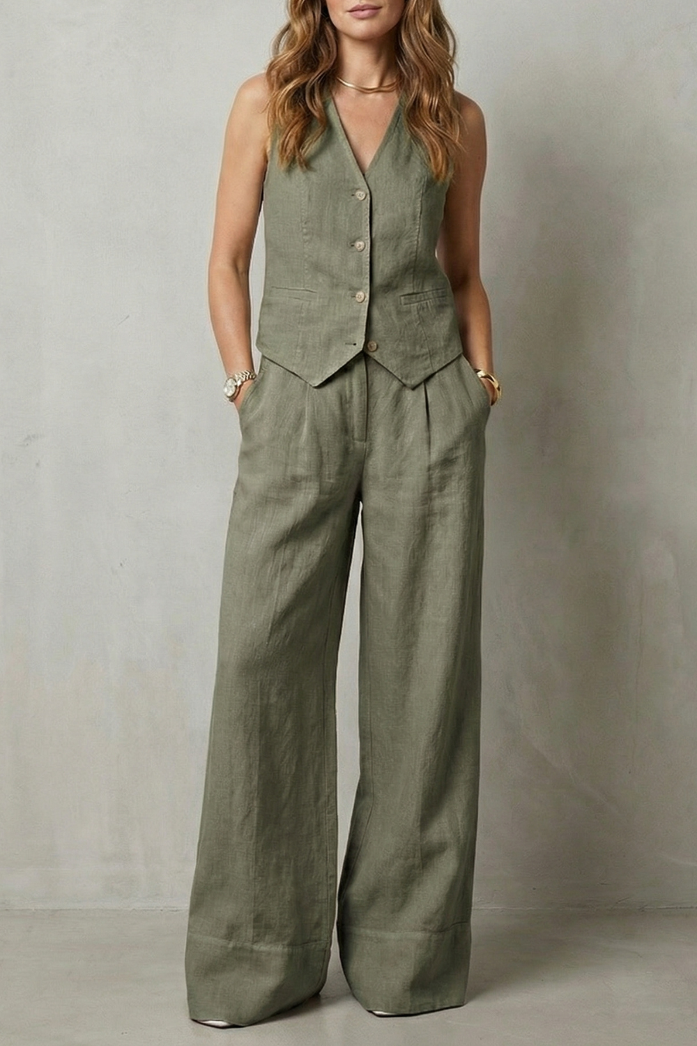 White colorway of the vest and wide-leg pants set, full-length view