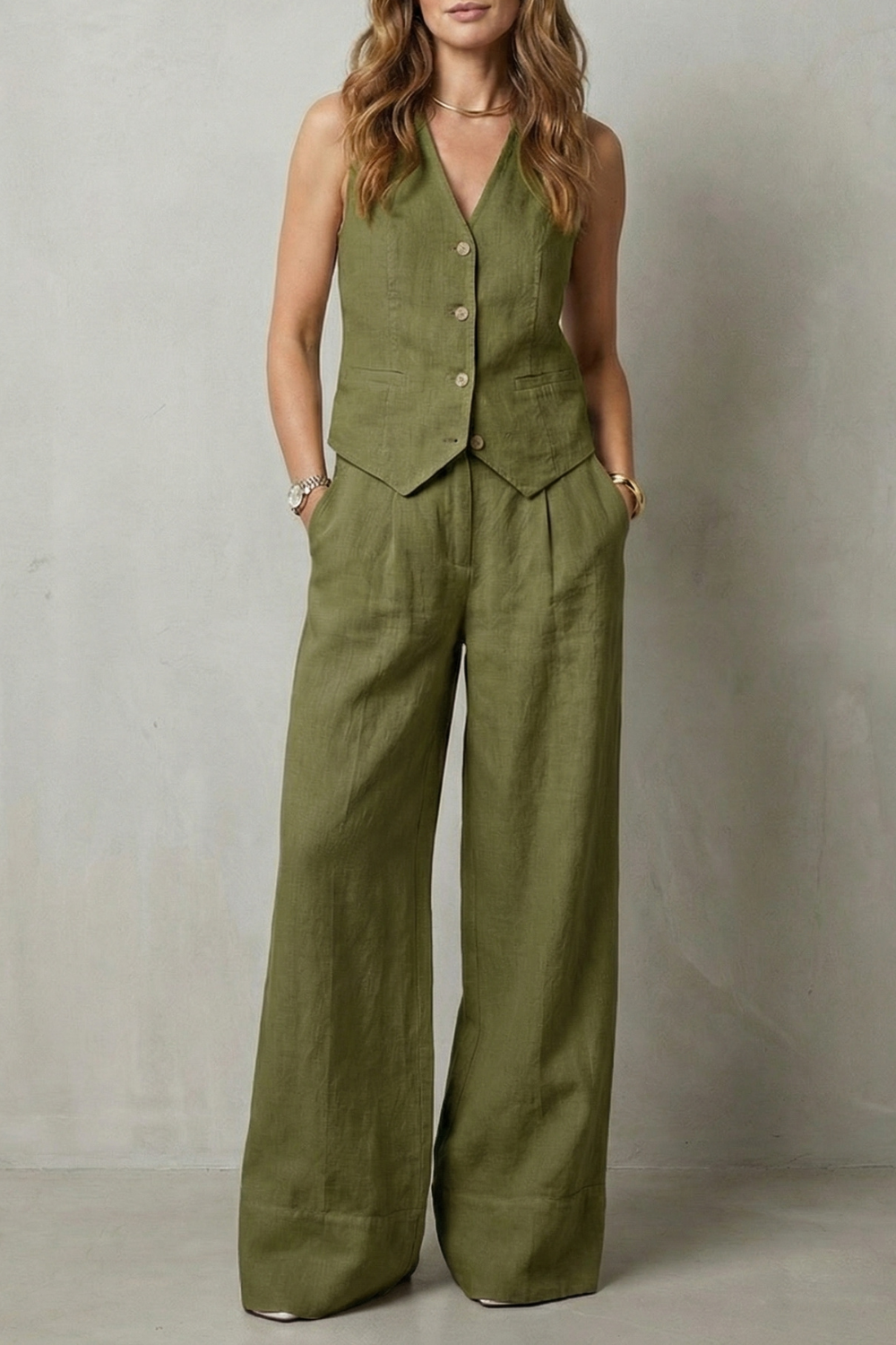 Red colorway of the vest and wide-leg pants set, full-length view