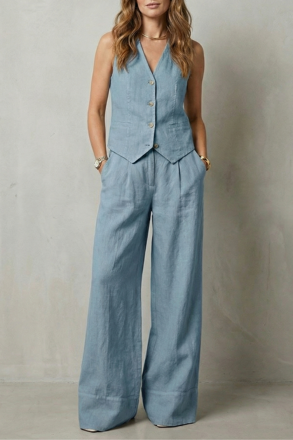Vest and wide-leg pants set styled with flat sandals for daytime