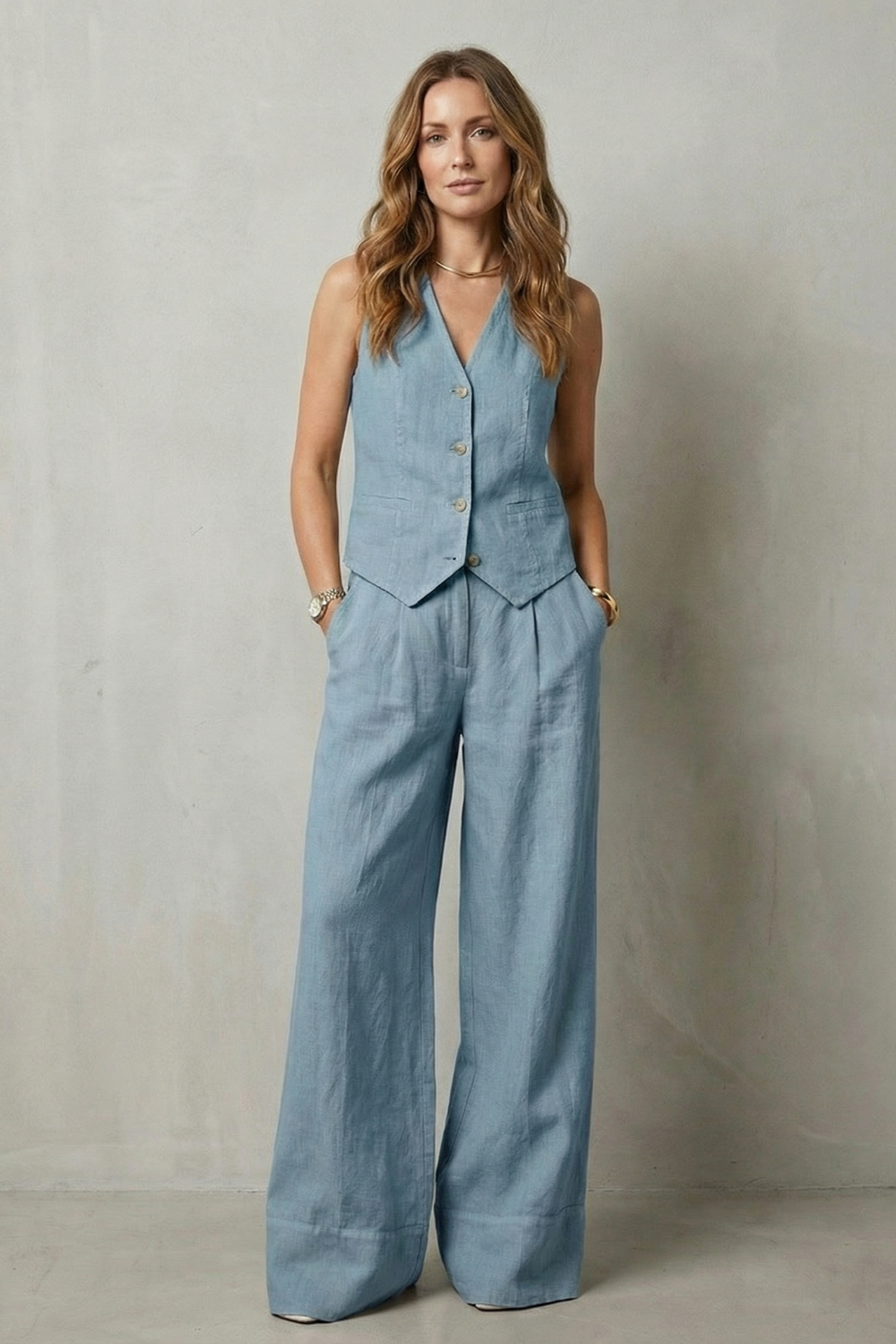 Three-quarter view of the sleeveless vest and wide-leg pants set