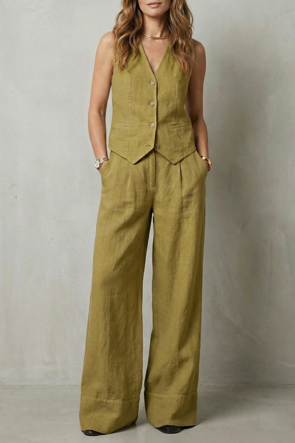 Beige colorway of the vest and wide-leg pants set, full-length view