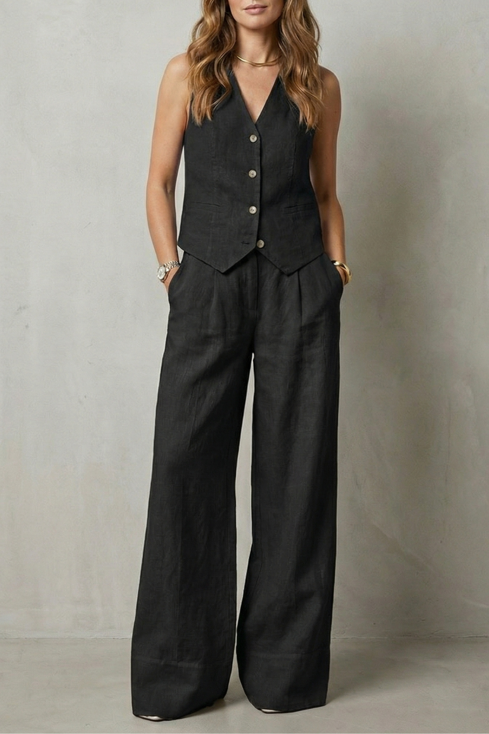 Black colorway of the vest and wide-leg pants set, full-length view