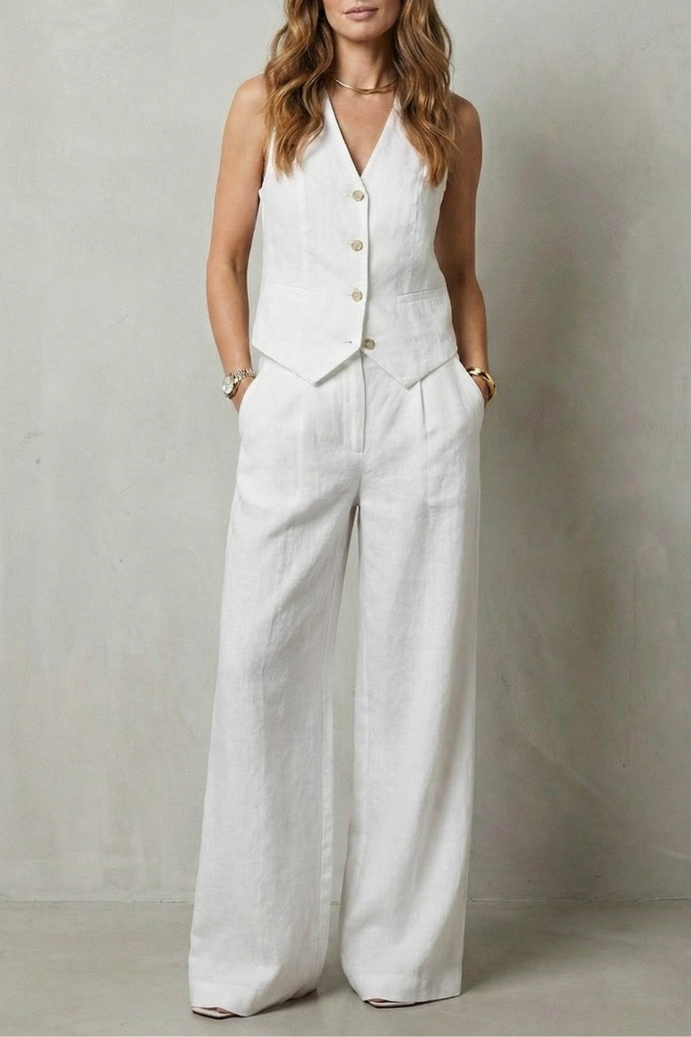 Navy colorway of the vest and wide-leg pants set, full-length view
