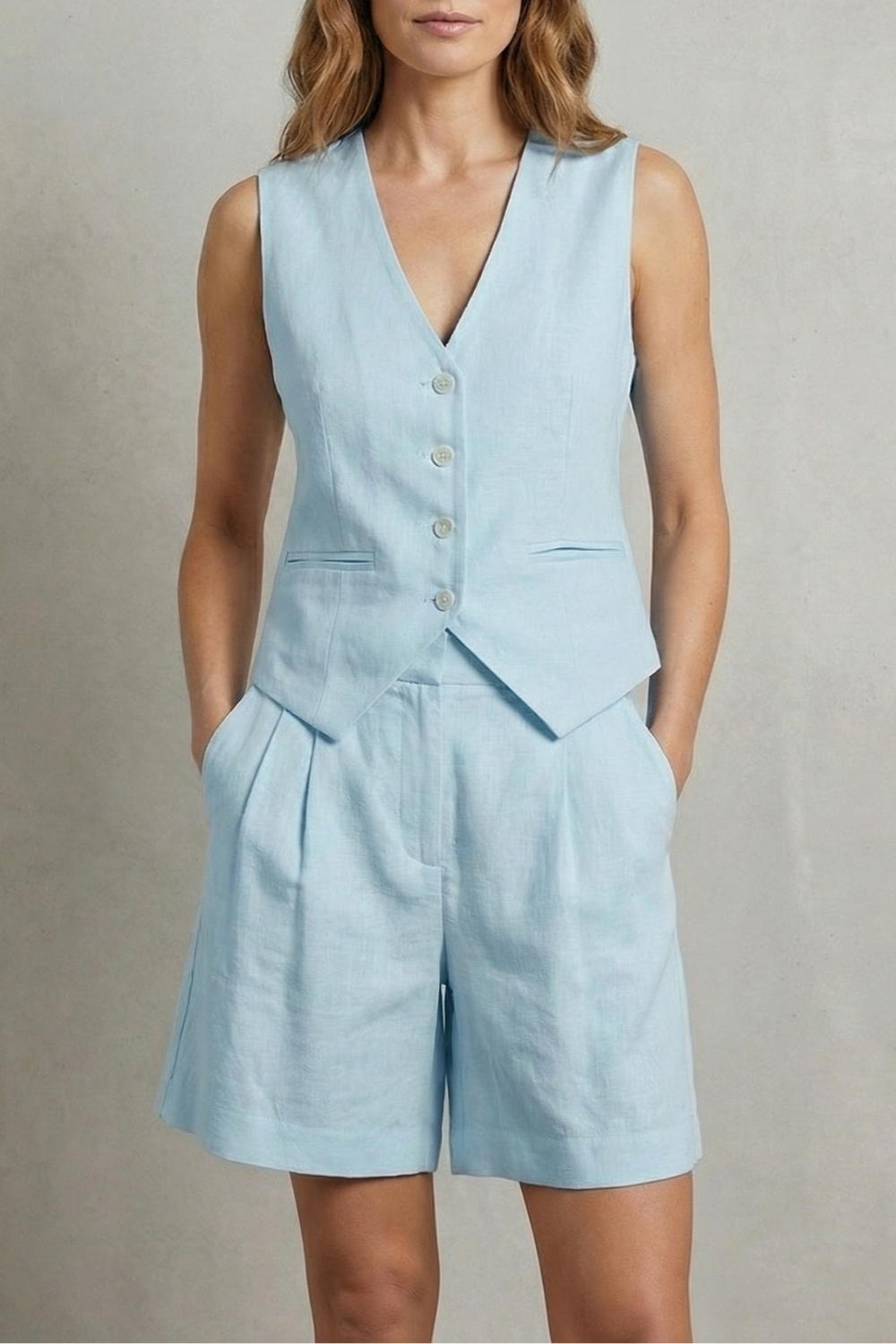 Detail close-up of the high-waisted shorts and linen-look texture