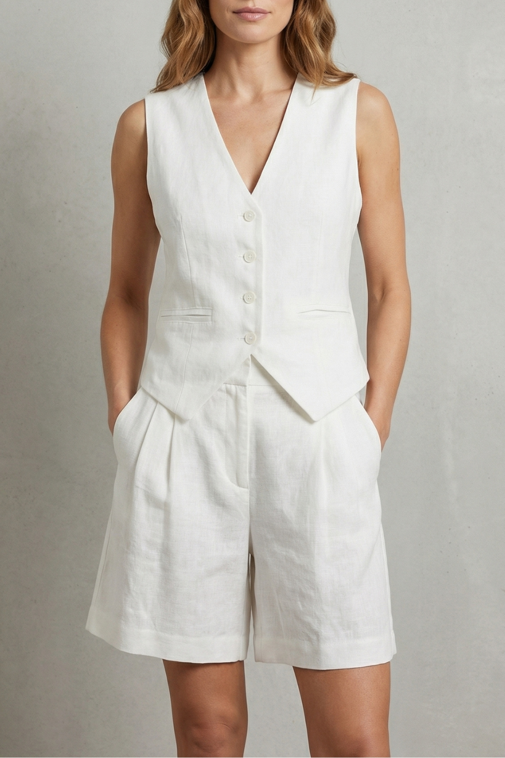 Women's sleeveless V-neck vest and shorts set, front view