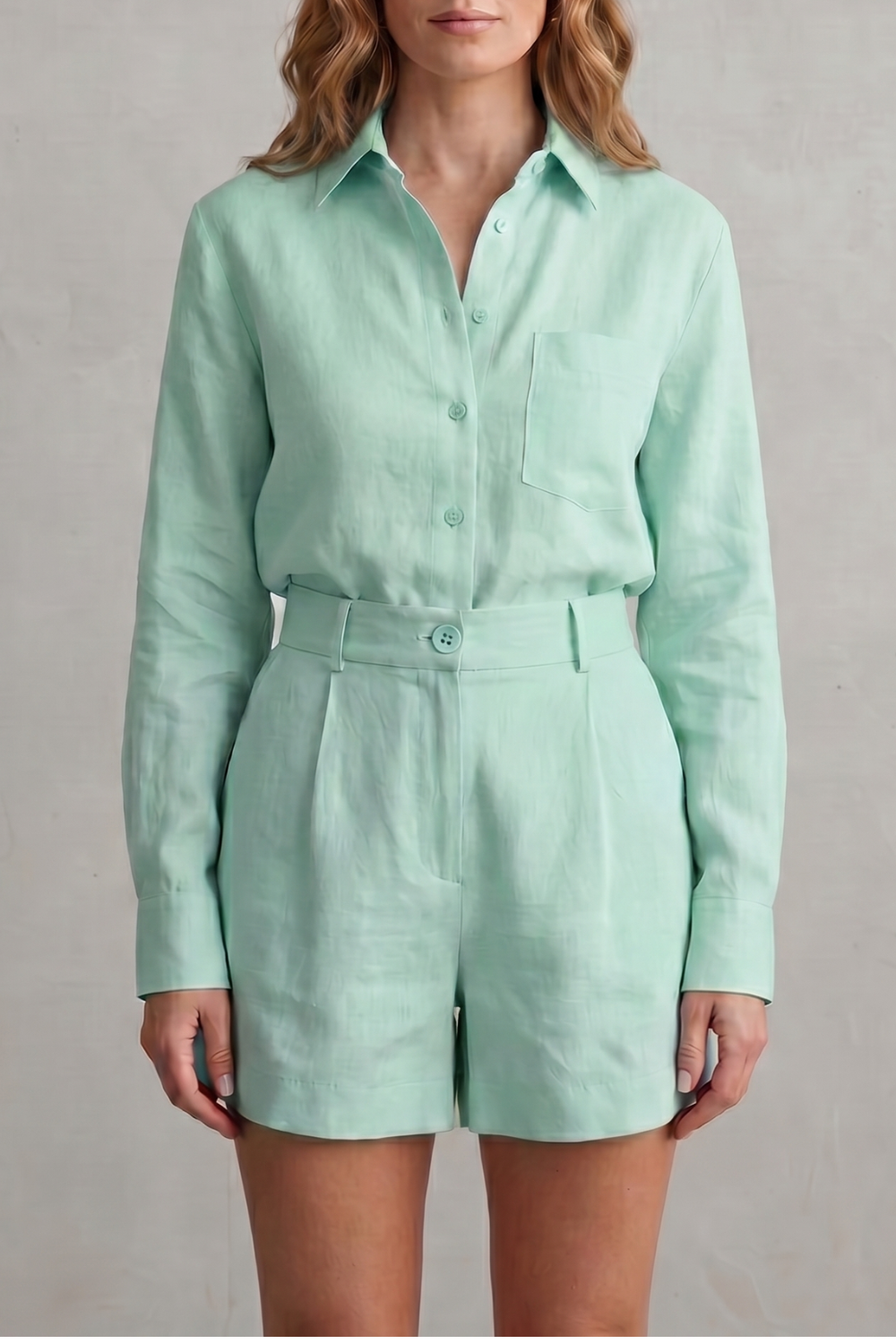 Linen blend shirt and shorts set styled with minimalist sandals