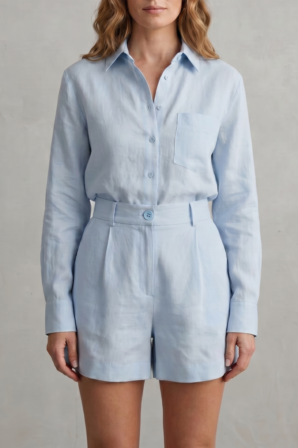 Women's linen blend long-sleeve shirt and shorts set, front view