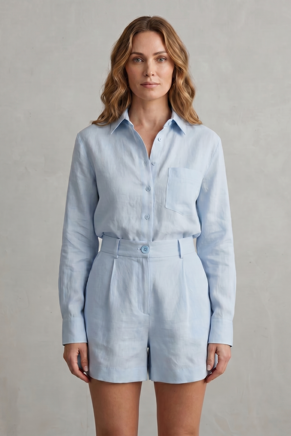 Side view of the linen blend long-sleeve shirt and tailored shorts set