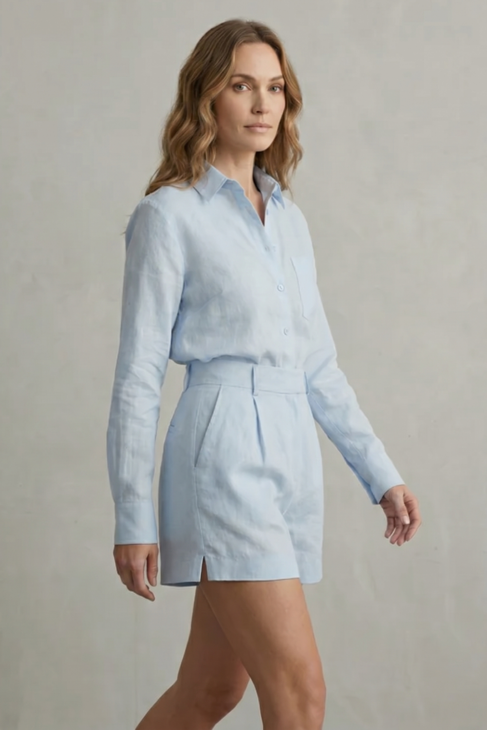 Back view of the linen blend two-piece shorts set