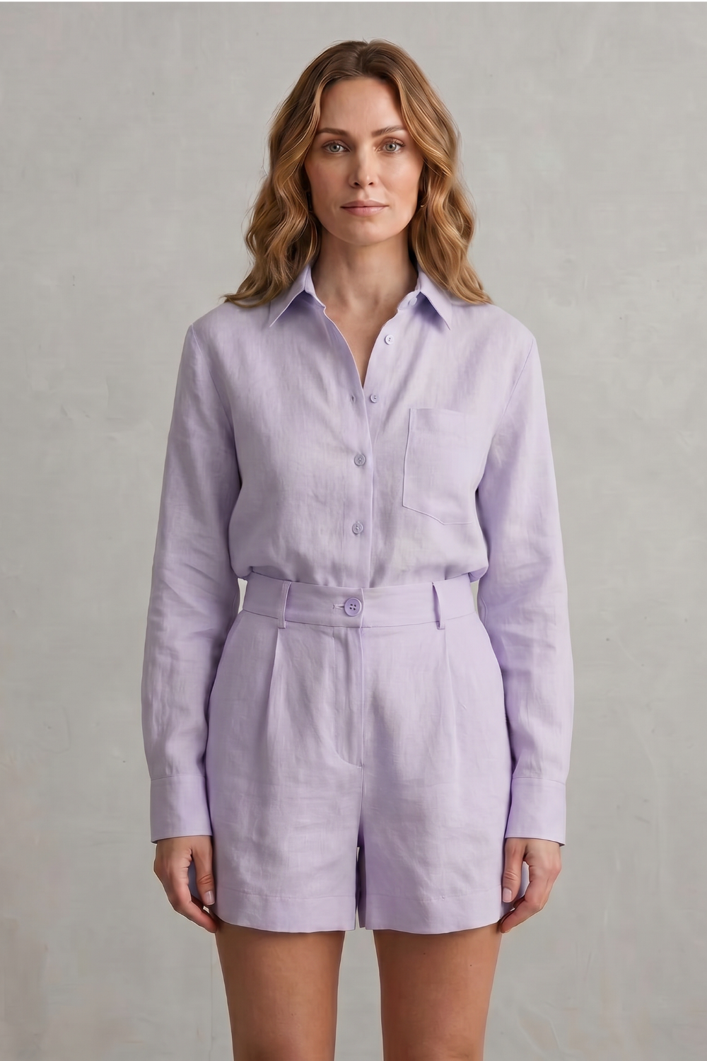 Full-length styled view of the linen blend shirt and shorts set