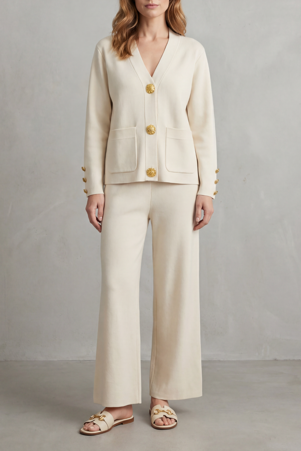 Women's gold button V-neck top and wide-leg pants lounge set, front view