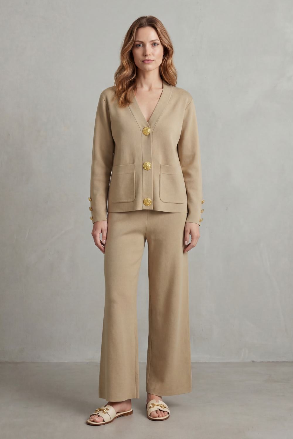 Lounge set styled with ballet flats and a soft tote