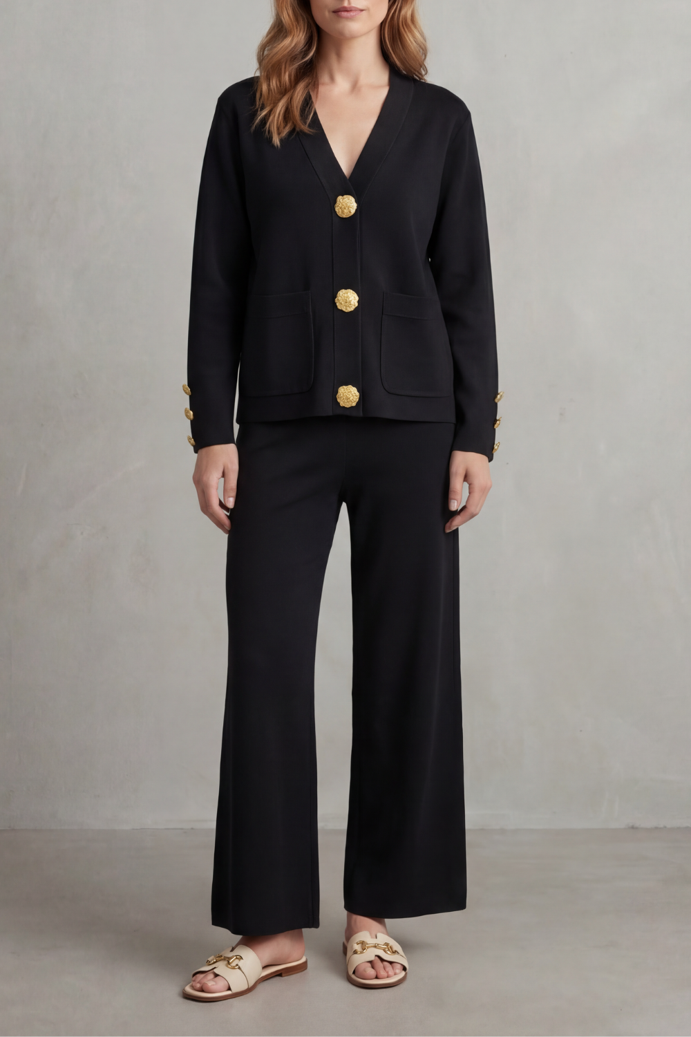 Black colorway, full-length view of the buttoned lounge set