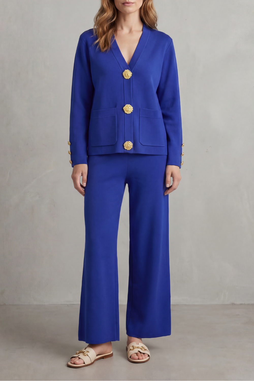 Beige colorway, full-length view of the gold button lounge set