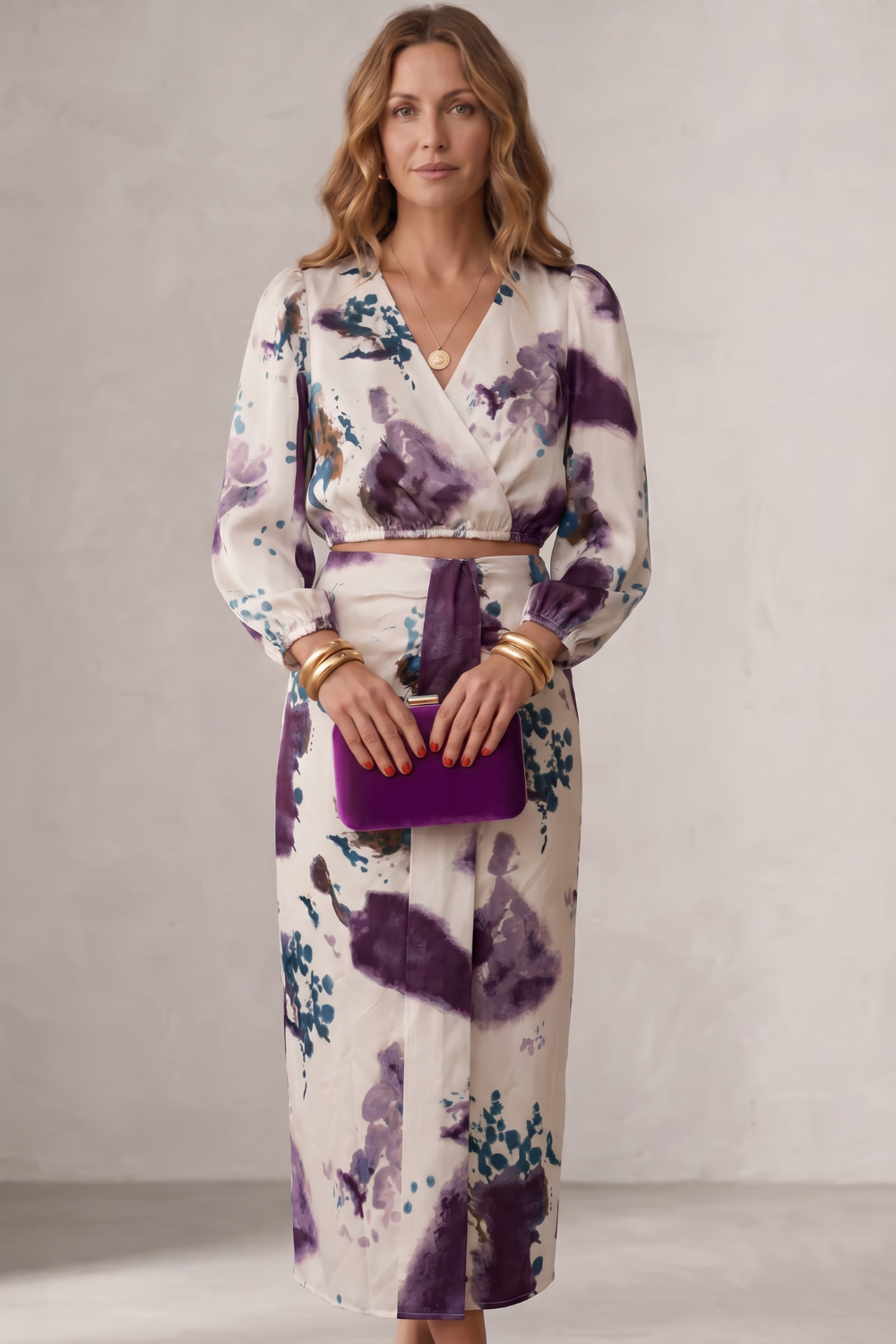 Side view of the floral wrap blouse and flowing maxi skirt set