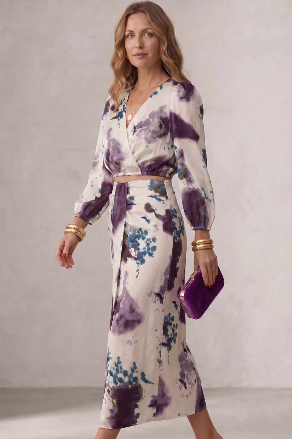 Detail close-up of the wrap neckline and watercolor floral print