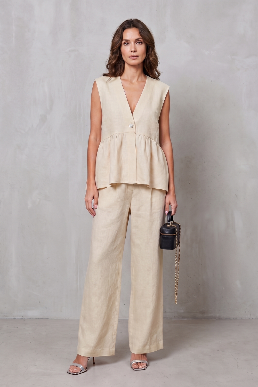 Khaki colorway, full-length view of the peplum pants set