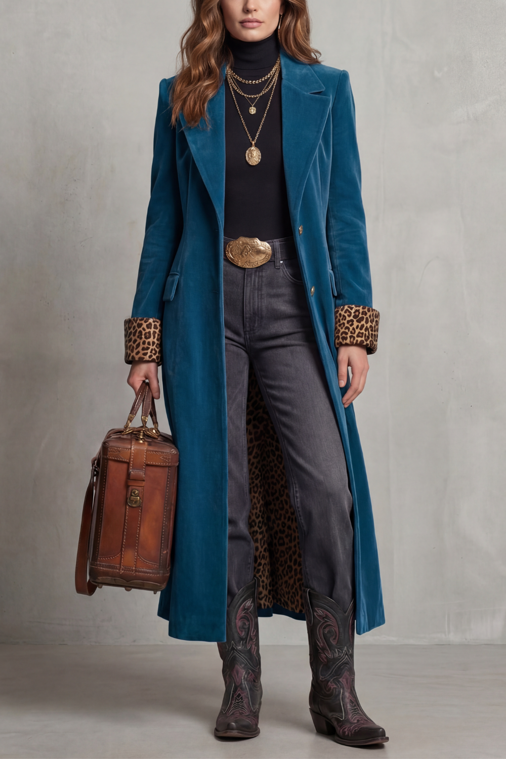 Women's Elegant Long Coat with Leopard-Print Velvet Lining - Lusavine