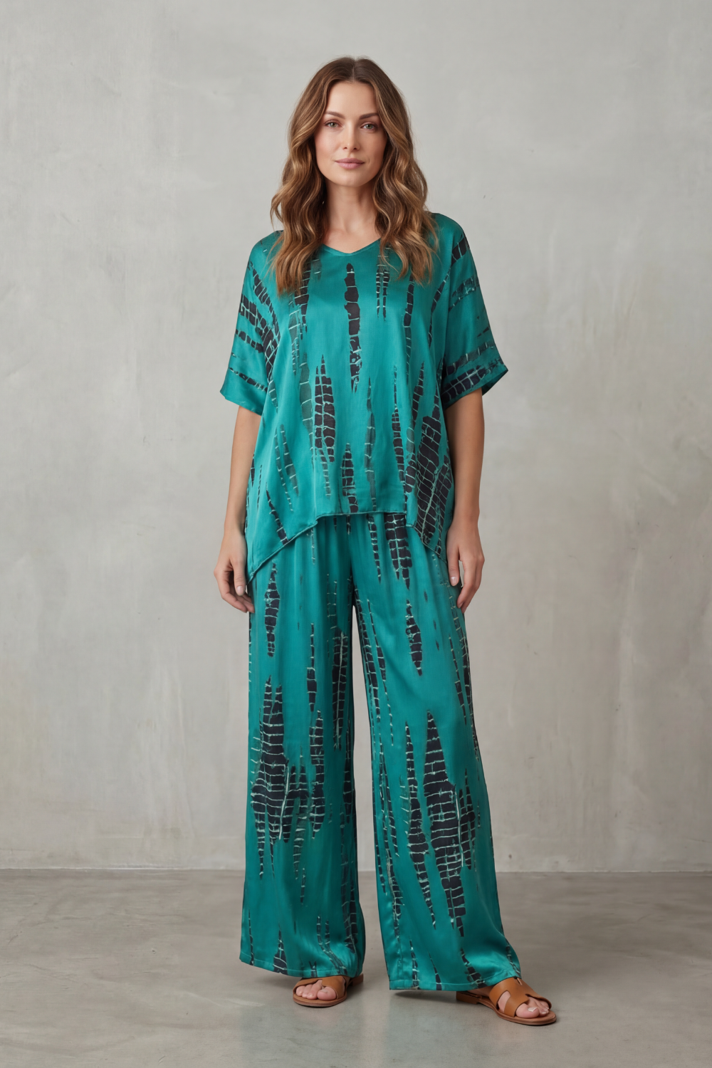 Marie lounge set styled with espadrilles for a chic daytime look