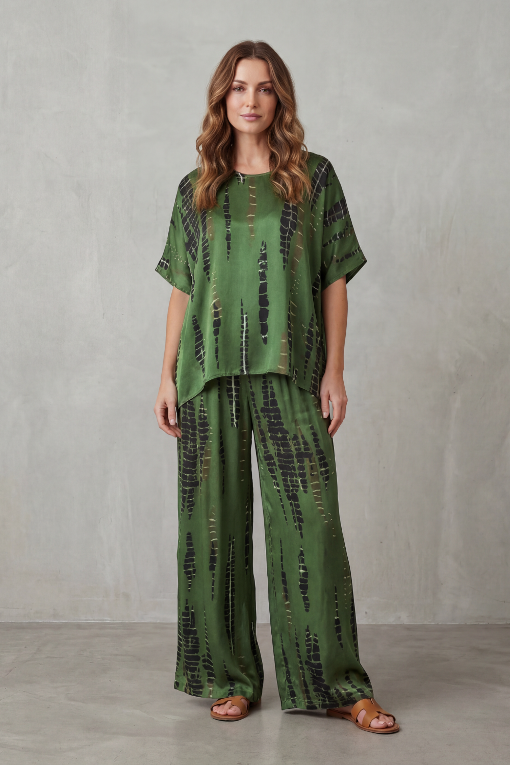 Green colorway of the abstract print lounge set, full-length view