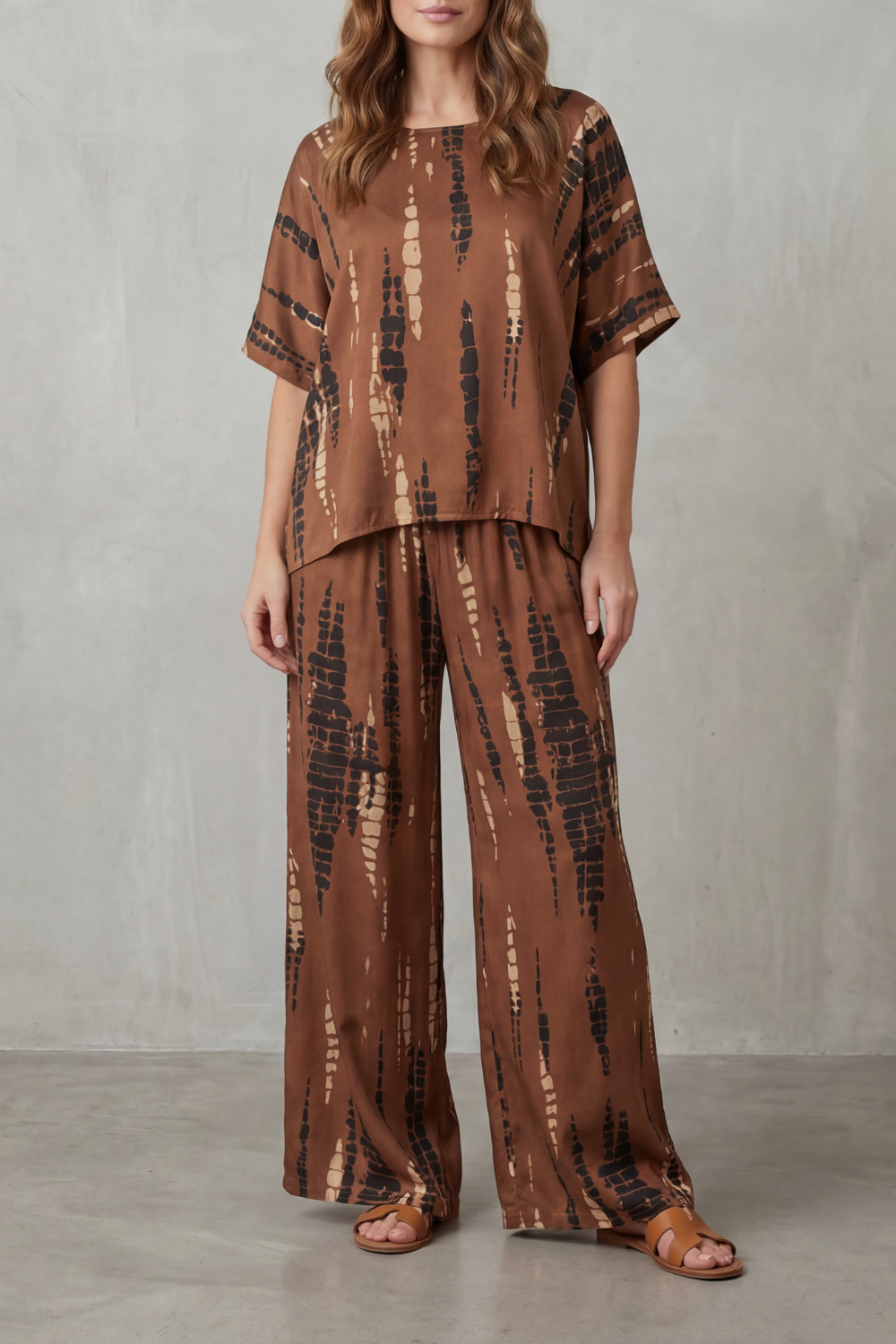 Khaki colorway of the abstract print top and wide-leg pants lounge set