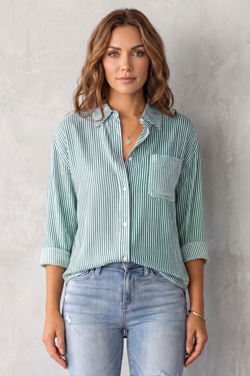 Women's Striped Button-Up Shirt with Chest Pocket - Sylvienne