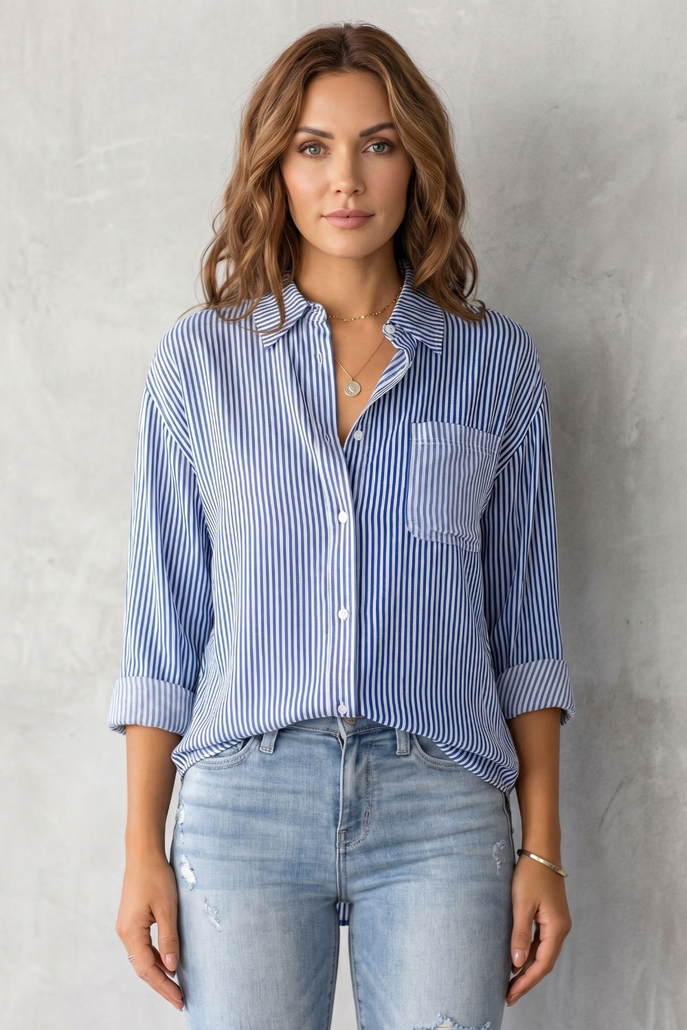 Women's Striped Button-Up Shirt with Chest Pocket - Sylvienne