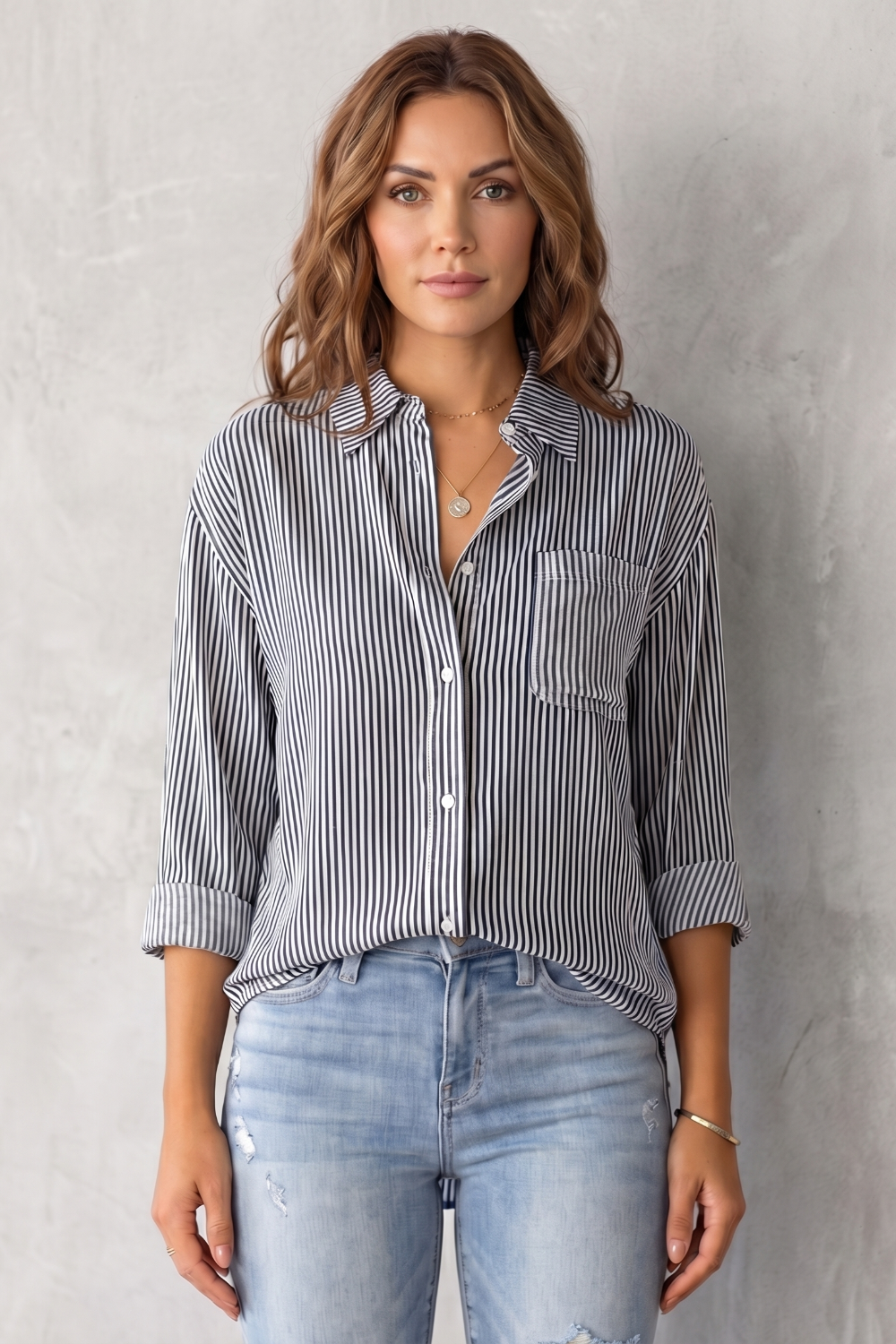Women's Striped Button-Up Shirt with Chest Pocket - Sylvienne