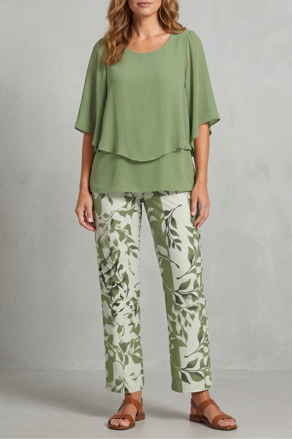 Women's botanical print layered top and wide-leg pants set, front view