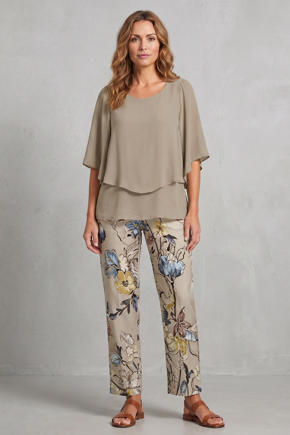 Dark Green colorway of the botanical print pants set, full-length view