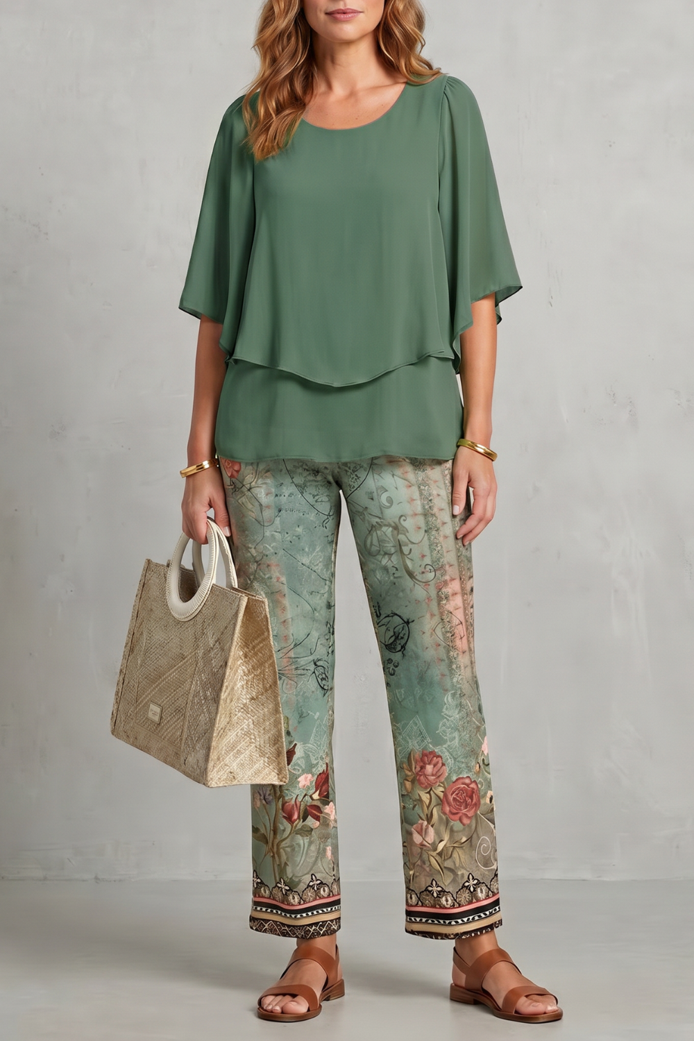 Botanical print set styled with sandals and a woven tote for daytime