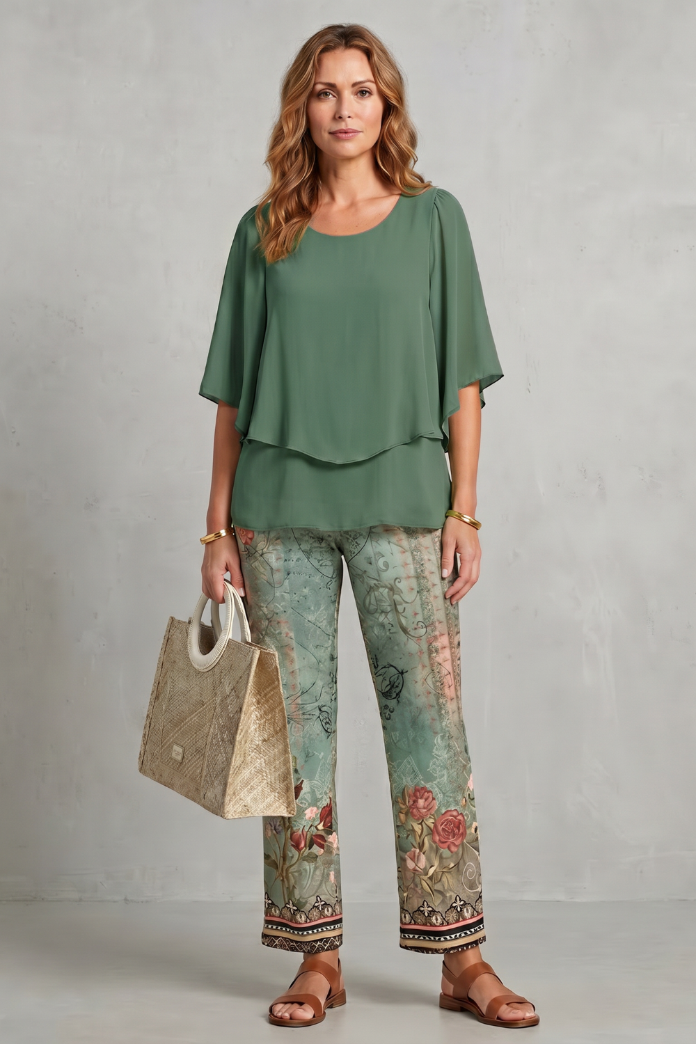 Full-length view of the layered top and wide-leg botanical print pants