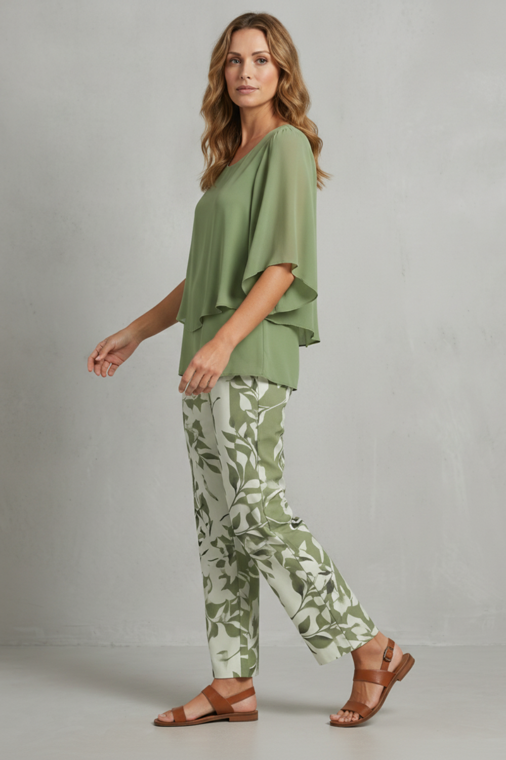 Back view of the two-piece botanical print wide-leg pants set