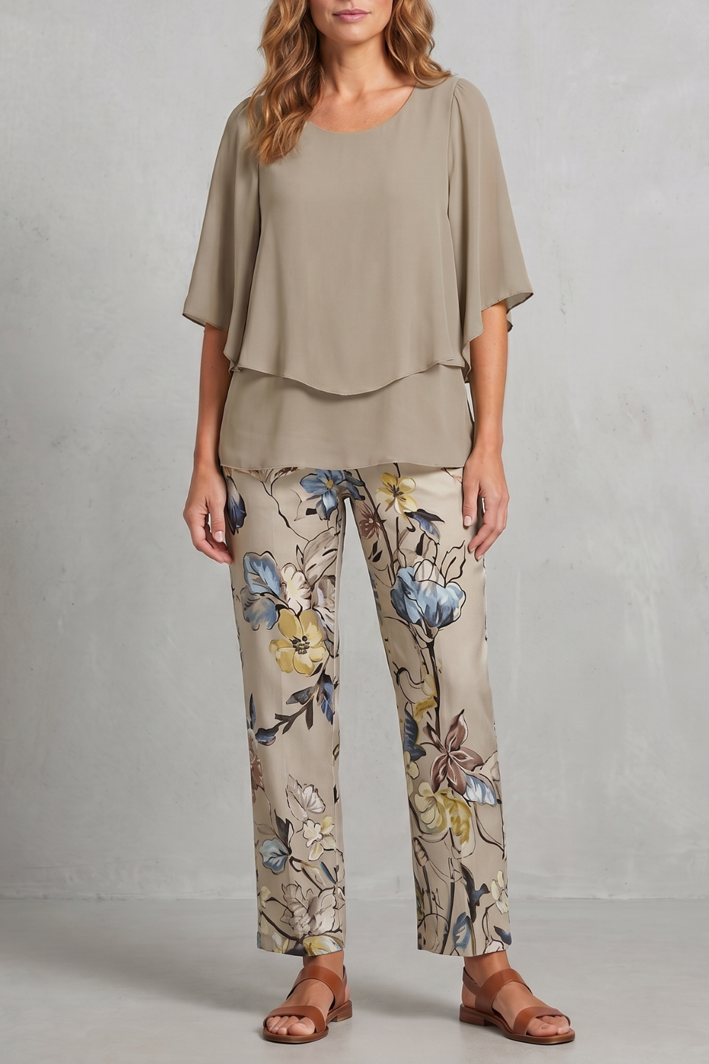 Khaki colorway of the botanical print pants set, full-length view