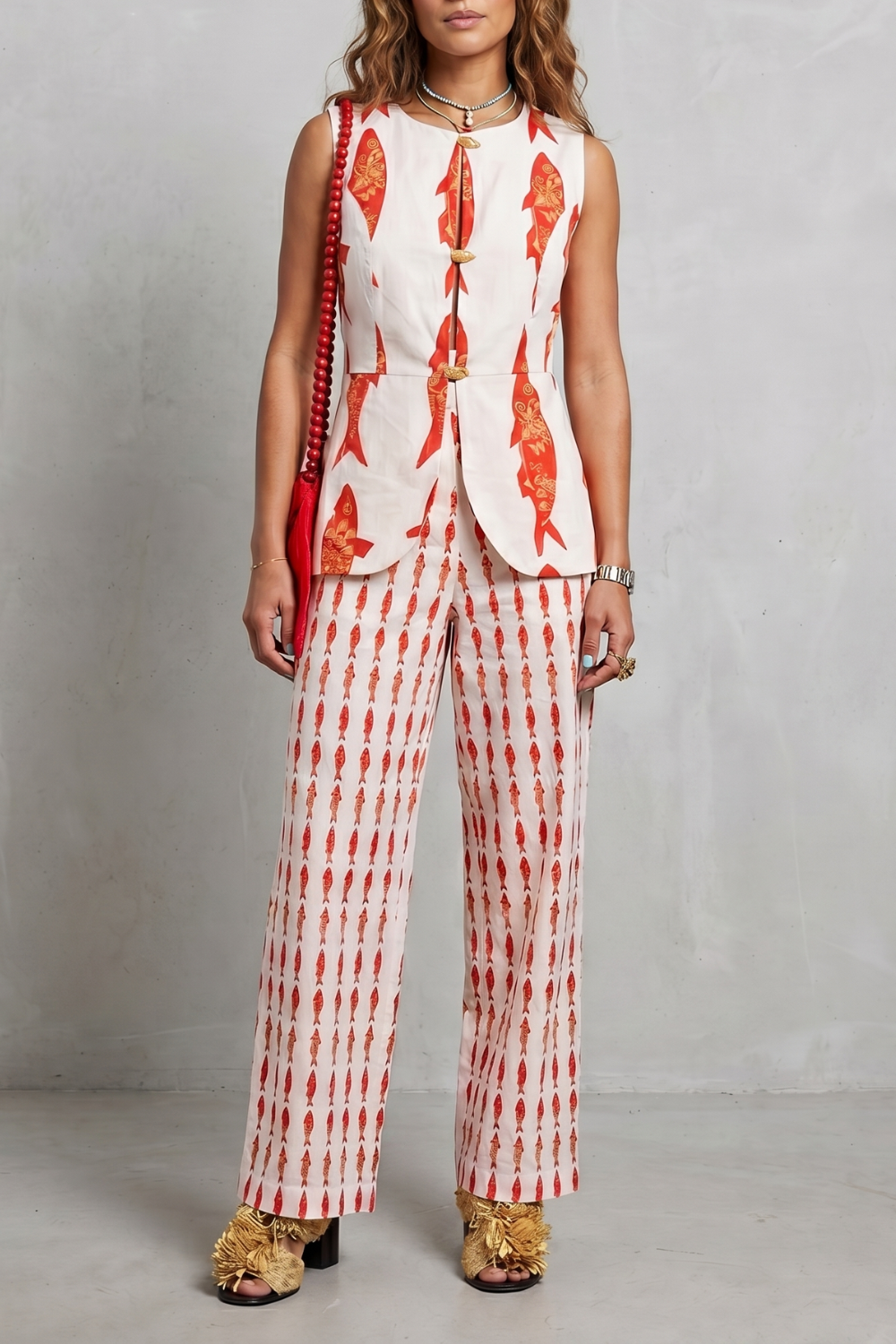 Women's sleeveless coastal print vest and wide-leg pants set, front view