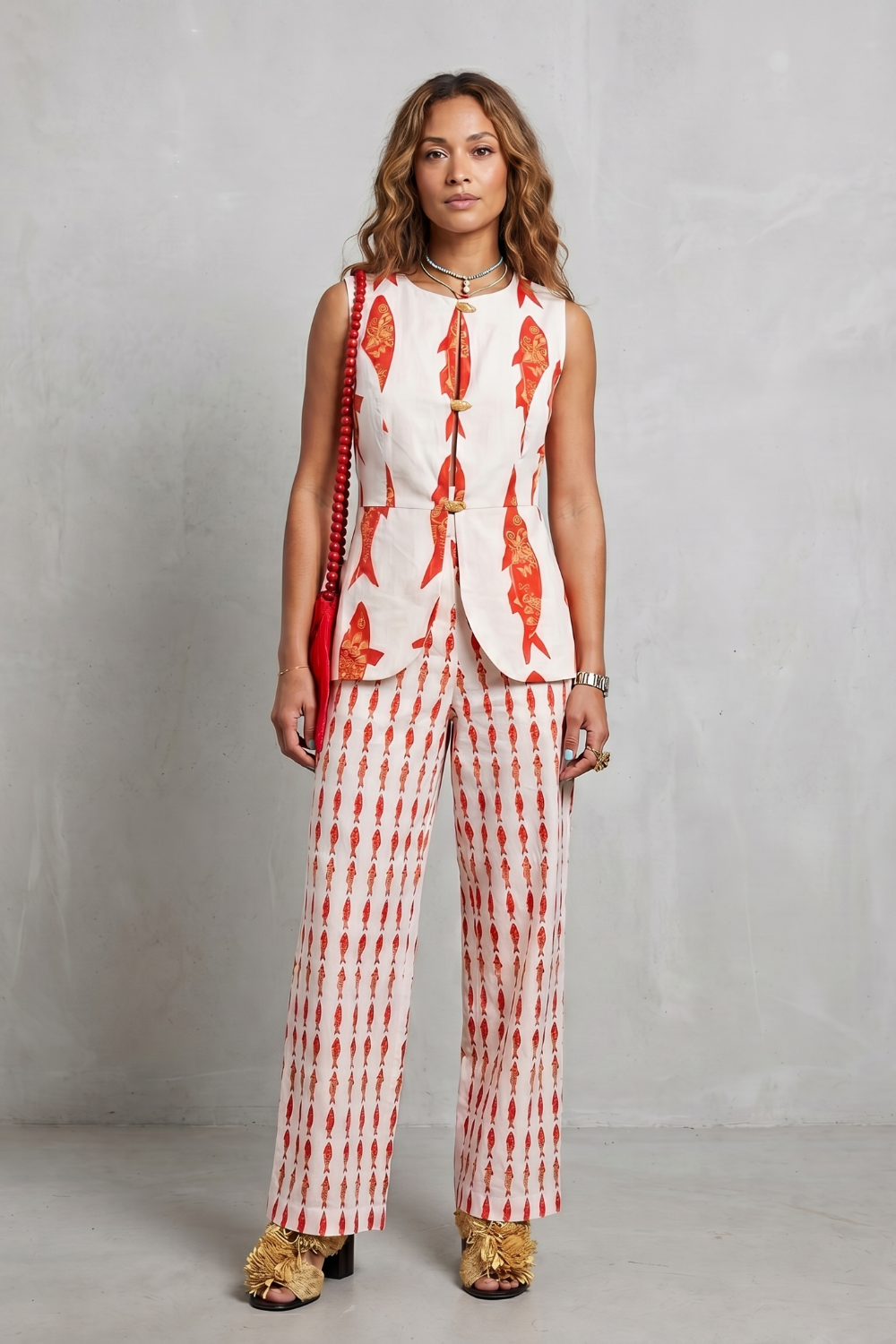 Side view of the tailored vest and wide-leg pants two-piece set