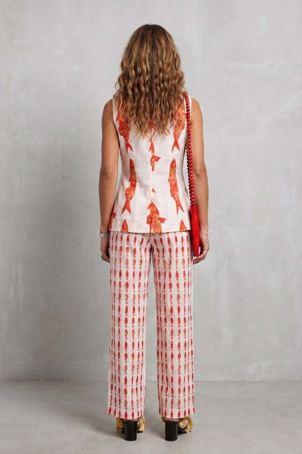 Red White colorway, full-length view of the vest and pants set