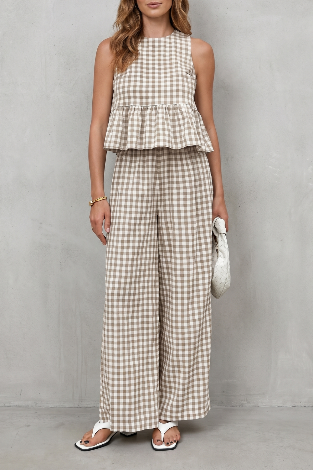 Women's gingham peplum top and wide-leg pants set, front view