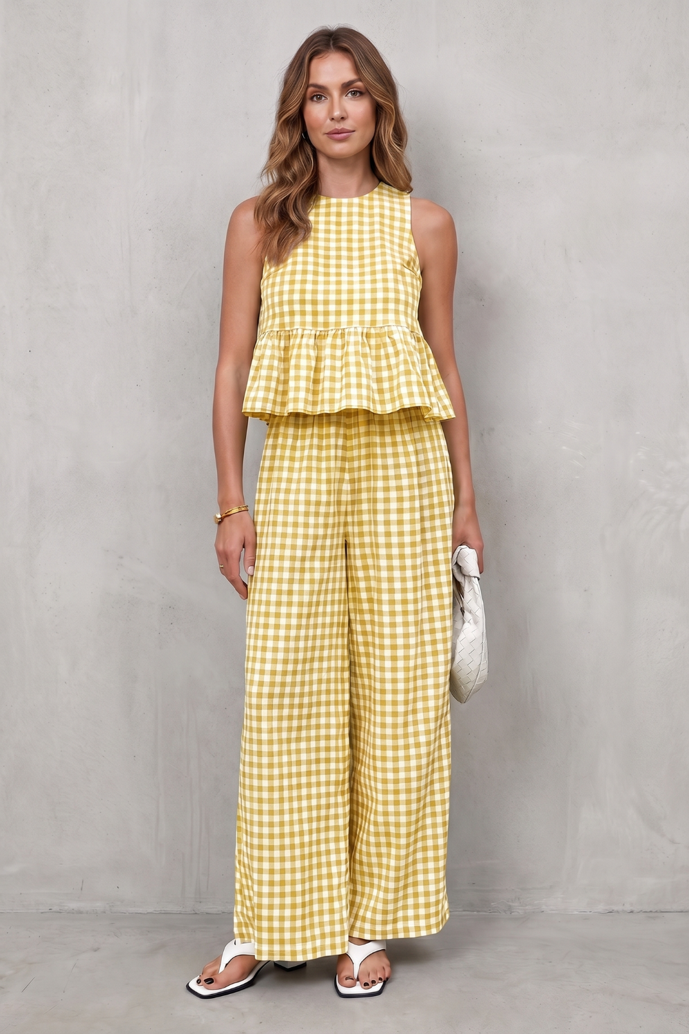 Full-length styled view of the gingham top and wide-leg pants set