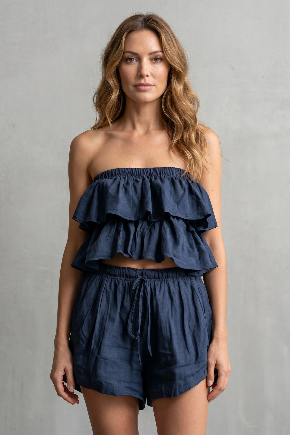 Side view of the layered ruffle bandeau top and matching shorts