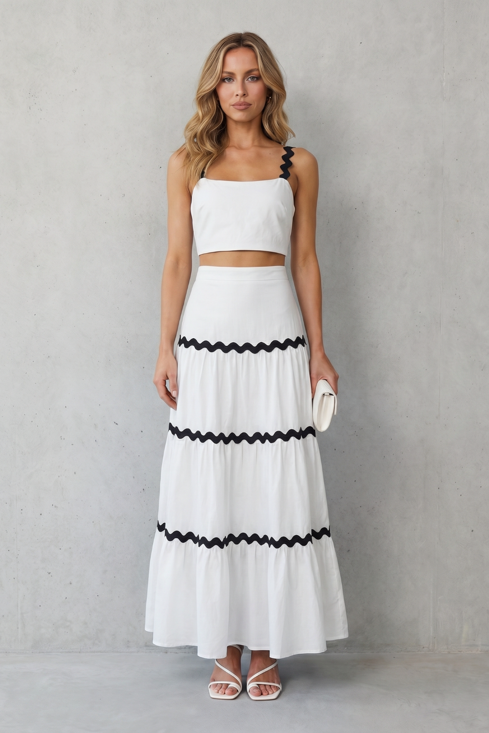 White colorway of the cropped tank and tiered maxi skirt set, full-length view