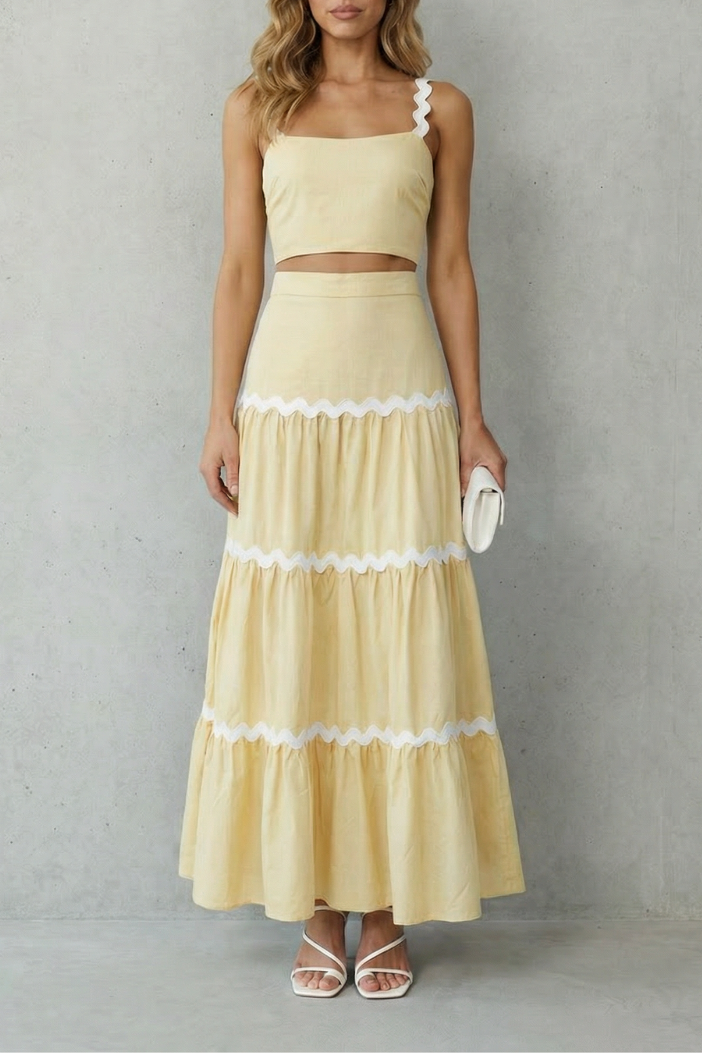 Light Yellow colorway of the wave trim summer skirt set, full-length view