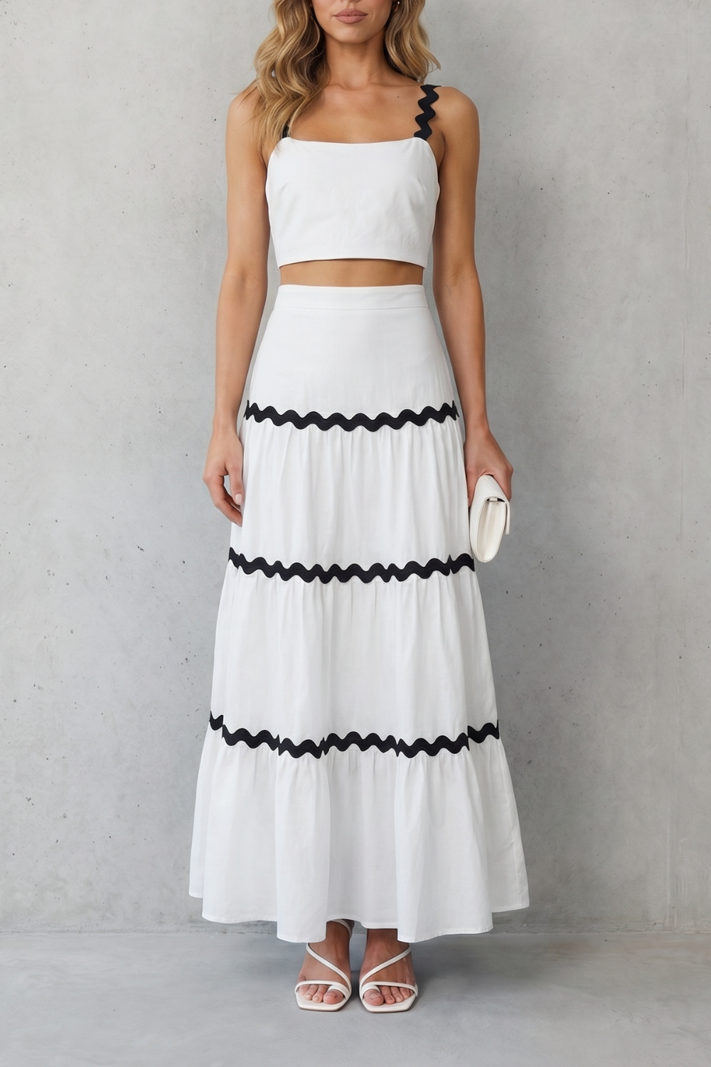 Multicolor colorway of the wave trim skirt set, full-length view