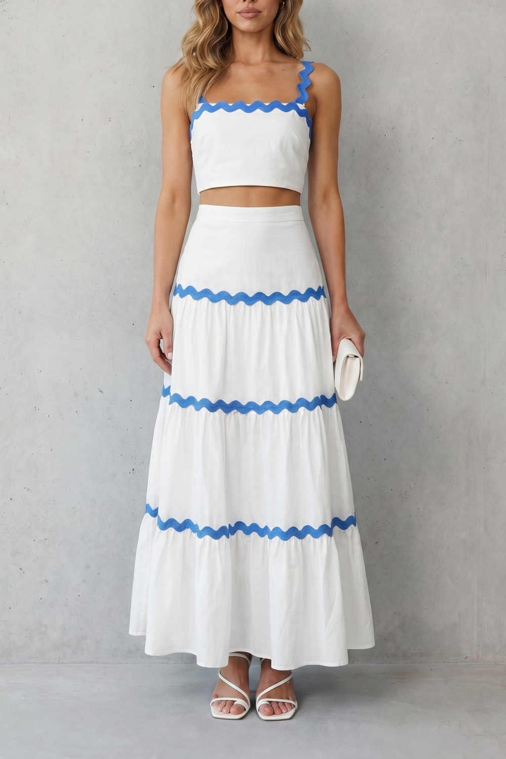 Blue colorway of the cropped tank and tiered maxi skirt set, full-length view